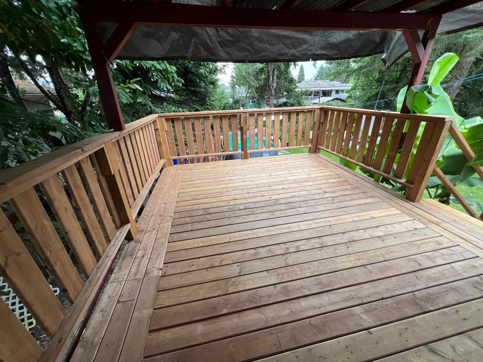 Completed raised wood deck viewed from above