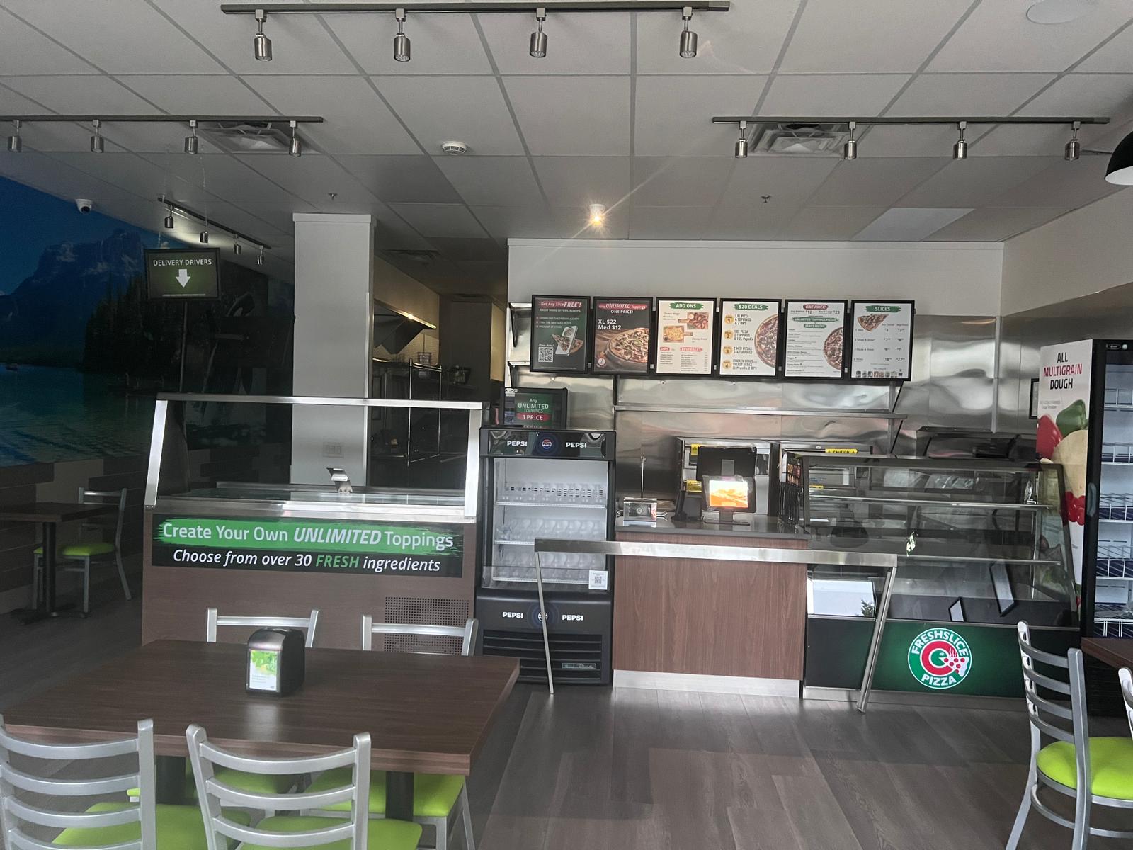 Completed Freshslice Pizza service counter and suspended ceiling in Langley