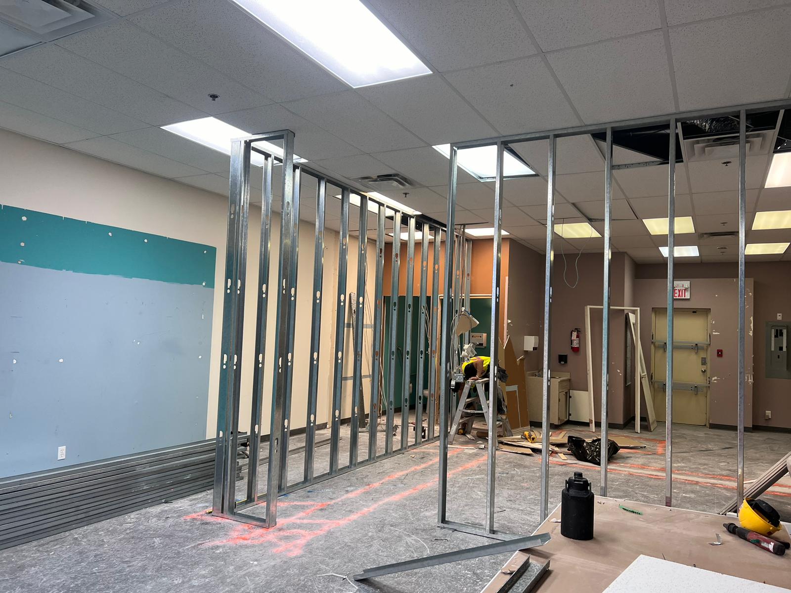 Commercial steel-stud partition framing at a Langley restaurant build