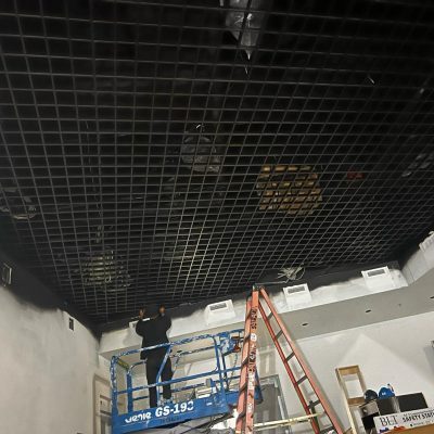 Black suspended T-Bar ceiling grid installed in a commercial interior